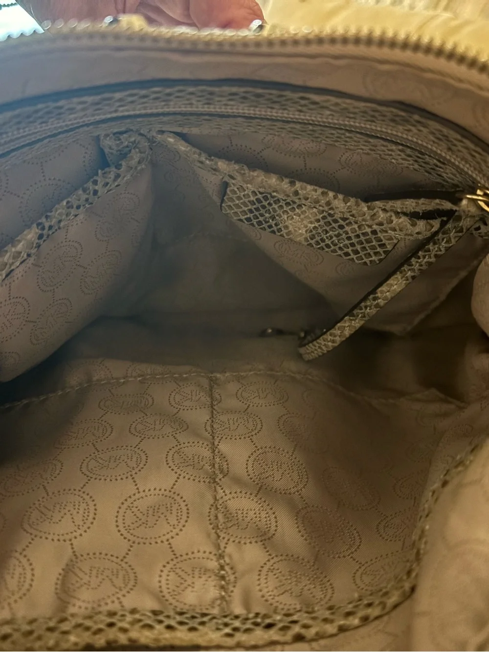 Michael Kors Gray Snake-Print Shoulder Bag with Gold Studs and Orange MK Charm